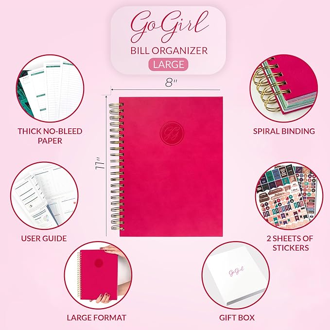 GoGirl Budget Planner & Monthly Bill Organizer – Monthly Financial Book with Pockets. Expense Tracker Notebook Journal, Large (Hot Pink)