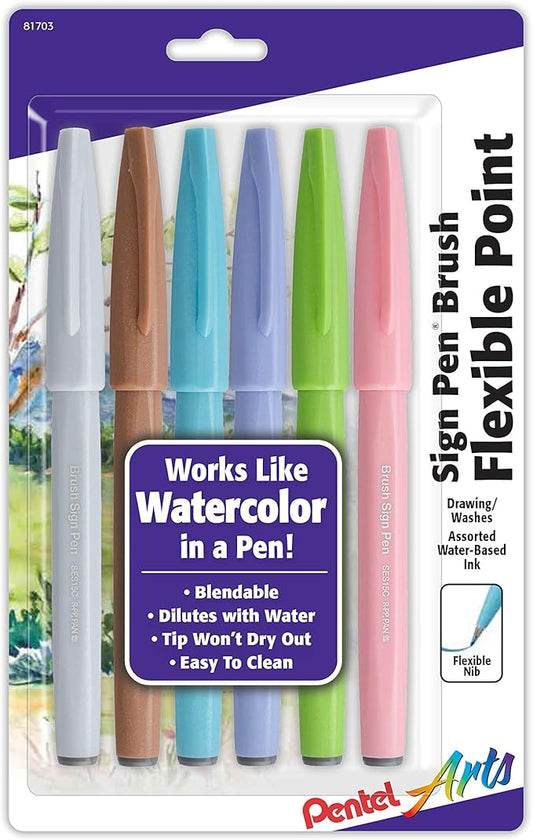 Pentel Arts Sign Pen Brush Tip, assorted 4 Pastel Colors, 6-Pk (SES15C2BP6M1)