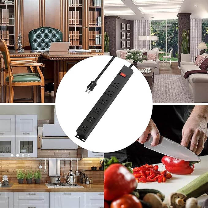 Power Strip with 6AC Outlets 6 Ft UL 14AWG Cord Straight Plug,Metal Wall Mount Heavy Duty Power Strip with Switch for Commercial,Industrial,School and Home,15A/125V/1875W,Black(6FT)