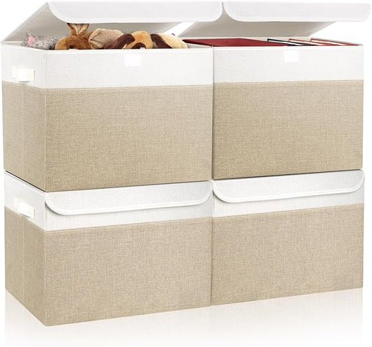 Large 22 Quart Linen Fabric Foldable Storage Bin Cube Organizer Basket with Flip-Top Lid & Handles, Clothes Blanket Box for Home, Office, Closet, Beige & White, 4 Pack 14.6 x 9.5 x 9.5”