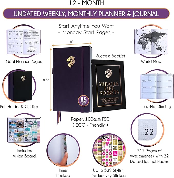 Life Planner - Undated Daily, Weekly & Monthly Planner with Budget Section | A 12 Month Journey to Increase Productivity & Happiness | Life Organizer & Gratitude Journal - Horizontal Format