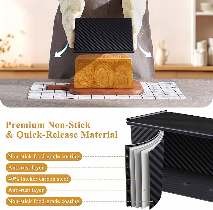 LIANYU 2 Pack Pullman Bread Loaf Pan with Lid, 1 Pound Dough Nonstick Loaf Baking Pans, Metal Bakeware for Sourdough Sandwich Homemade Bread, Carbon Steel Corrugated Toast Tin, Black