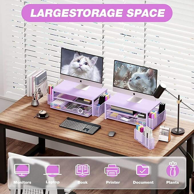 Desk Organizers and Accessories, 2-Tier Computer Monitor Stand Riser with Drawer and 2 Pen Holders, Laptop Stand, Office Desk Accessories for Office Supplies, Purple