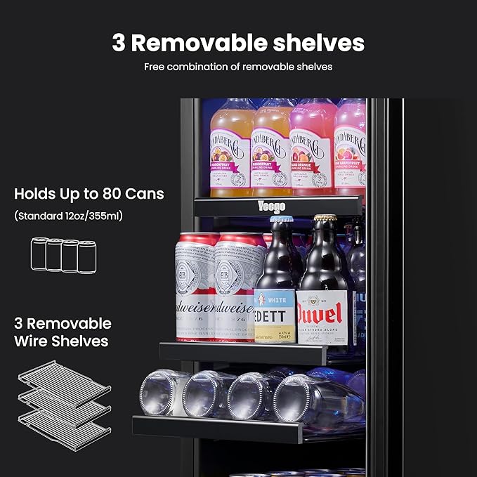 Yeego 15 Inch Beverage Refrigerator – 80 Can Mini Fridge with Glass Door, Built-In or Freestanding Cooler for Home Bar Office