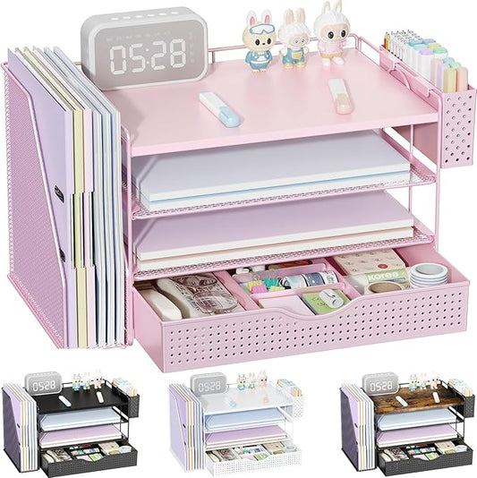 Wood Desk Organizers and Accessories with File Holder, 4-Tier Desk Accessories & Workspace Organizers with Drawer and Pen Holder, Paper Organizer for Office Supplies (Pink)