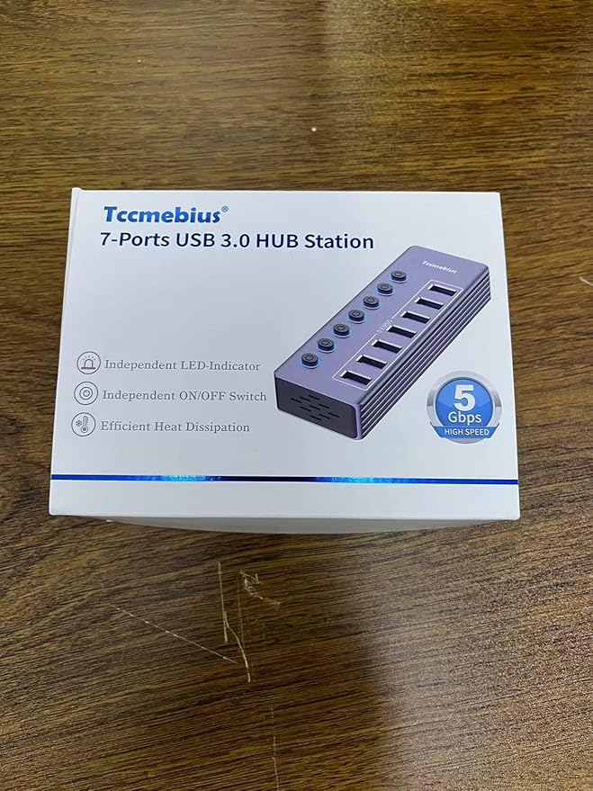 Powered 7-Port USB 3.0 Hub, USB C to 7 Ports USB Data Hub Splitter with Individual LED On/Off Switche, 3.3FT Cable, 12V/3A Power Adapter, for Laptop MacBook Pro/Air PC (Aluminum Gary)