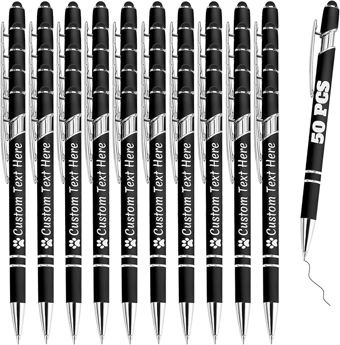 Personalized Pens Bulk 50 with Name Custom Engraving Ballpoint Pens with Stylus Tip Customized Smooth Writing Pens Personalized Gifts for Anniversary Birthday or Graduation(Black,Black Ink)