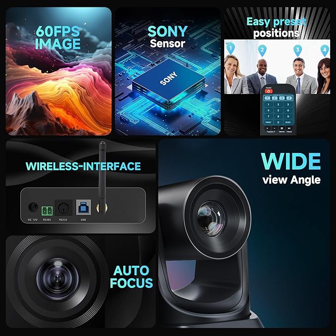 Wireless Conference Room Webcam, Church Live Streaming 10X USB 1080P 60fps PTZ Camera for Worship Services Online Conference, Works with Zoom, Skype OBS