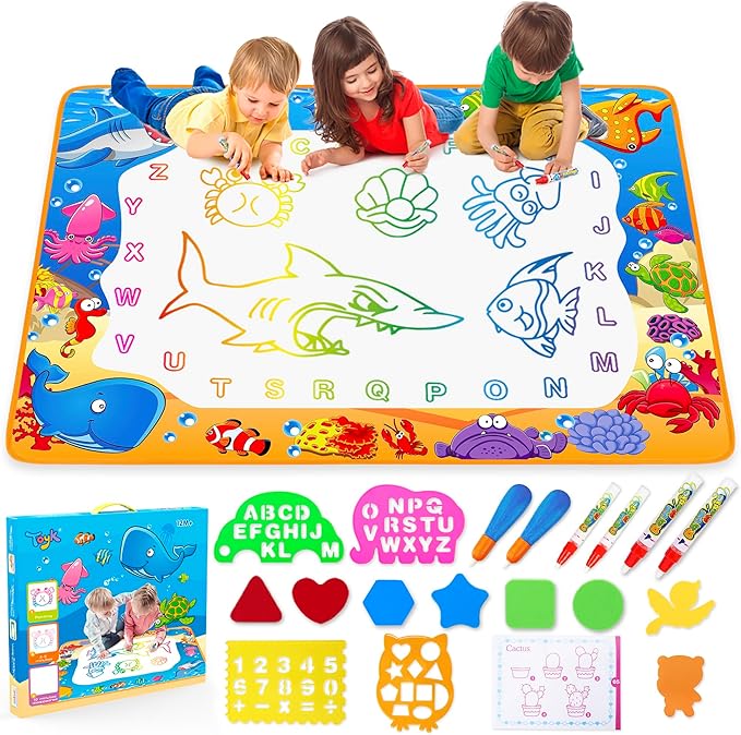 Water Doodle Mat - Kids Painting Writing Color Doodle Drawing Mat Toy Bring Magic Pens Educational Toys for Age 2 3 4 5 6 7 Year Old Girls Boys Age Toddler Gift