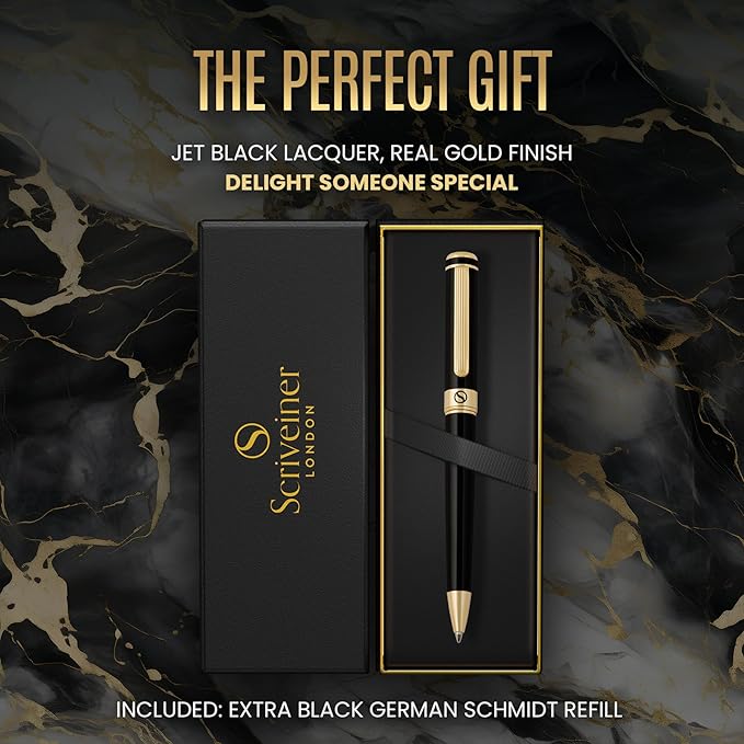 Scriveiner Black Lacquer Ballpoint Pen -Stunning Luxury Pen, Real Gold Plating, Schmidt Black Refill, Best Gift Set for Men & Women, Professional Executive Office, Nice Fancy Designer Pens