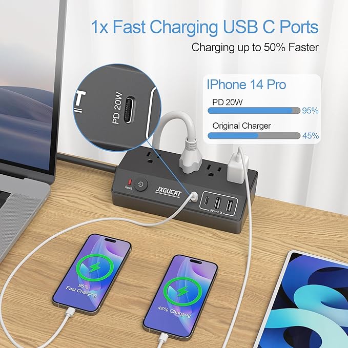 Desk Clamp Power Strip with PD 20W USB C, JXGUCAT Removable Fast Charging Desktop Edge Power Strip Surge Protector, 10 ft Extension Cord Flat Plug with 4 Outlet 4 USB Ports, Fit 1.8" Tabletop Edge