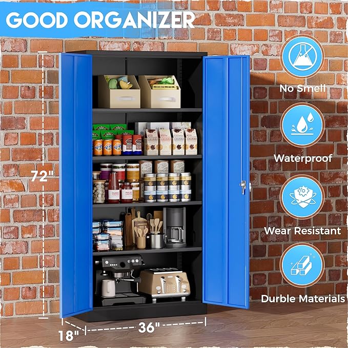 Greenvelly Metal Garage Storage Cabinet,72" Steel Storage Cabinets with Doors and Adjustable Shelves, Metal Tool Cabinets, Locking File Cabinet for Home Office, Garage, School (Black Blue36 Wx18 D)