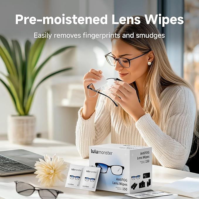 Anti Fog Lens Wipes for Eyeglasses, [150 Pre-Moistened Individually Wrapped Wipes] [Non-Scratching & Non-Streaking] Cleaner Wipes for Glasses, Sunglass, Phone Screen Camera Lens, Goggles