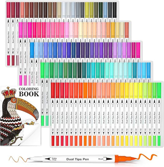 Lelix 120 Colors Dual Tips Brush Pens Art Markers with a Coloring Book, Brush and Fine Point Pens Fineliner for Adults Kids Coloring Books Calligraphy Journaling Lettering Drawing