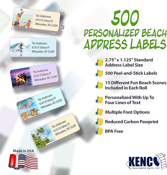 Customized Personalized Address Labels - Made in The USA by Kenco (500 Labels, Tropical Beach)