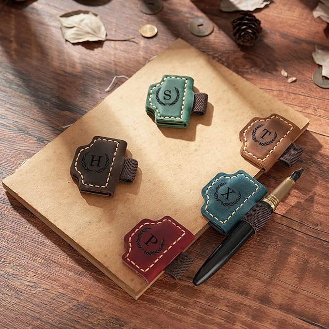 Artlaza Personalized Magnetic Leather Bookmark with Pen Holder - 26 Letters Custom Book Mark with Name Initial Engraved Book Marker for Readers, Book Lovers, Travelers - Gift for Women & Men(Brown，H