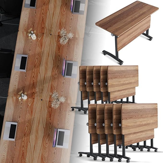 Folding Conference Room Table, Modern Conference Tables with Silent Wheels, Large Rectangular Mobile Training Tables for Office Classroom, Foldable Modular Boardroom Seminar Table (10pack L63in)