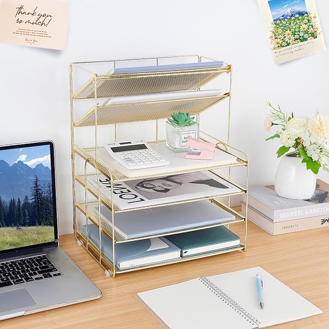 6-Tier Letter Tray Paper Organizer, Desk Organizers and Accessories, Desktop File Organizer, Office Desk Accessories for Office Supplies (Gold)