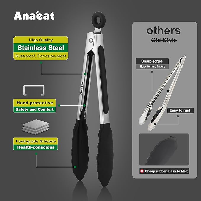 Anaeat 3 Pack 7" Mini Non-Stick Silicone Locking Tongs - Stainless Steel Kitchen Food Tong with Non-Slip Silicone Tips and Grip for Cooking, Baking and BBQ - Metal Tongs Heat Resistant up to 480°F