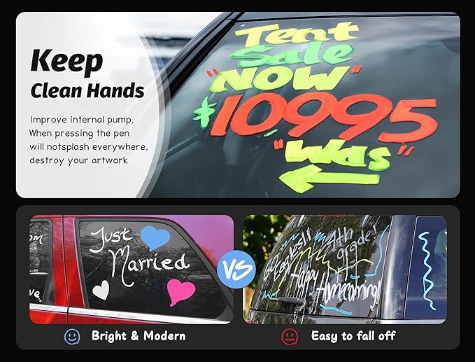 Car Window Markers for Glass Washable, 8 Jumbo Liquid Chalk Pens with 10mm Wide Tips & 3 in 1 Nib, Window Paint for Glass, Chalkboard, Menu Board, Restaurant, Bistro, Grocery Store