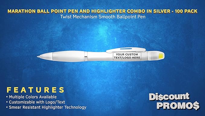 DISCOUNT PROMOS 100 Marathon Gel Highlighter Pens Pack - Customizable Text, Logo - Twist Mechanism, Ballpoint - Silver
