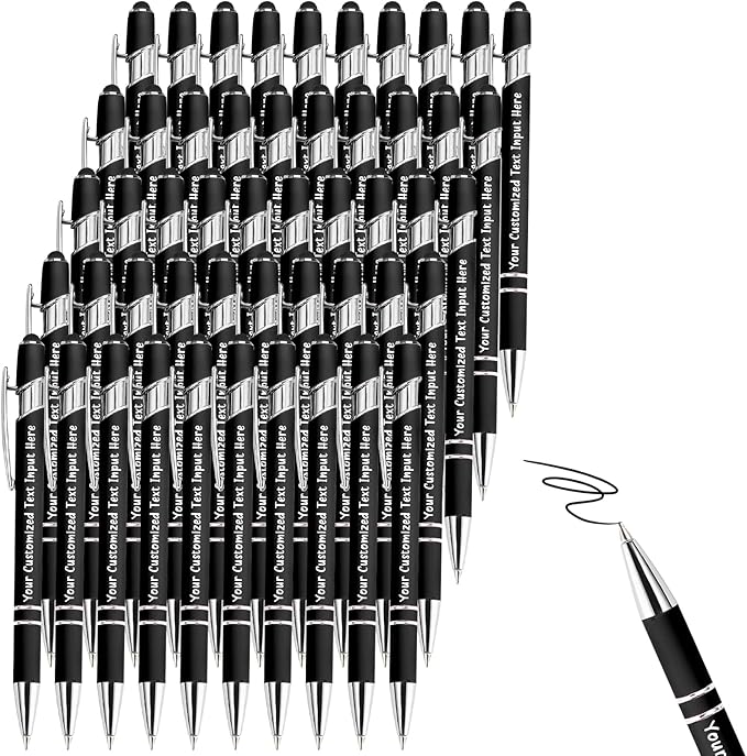 Personalized Ballpoint Pen 50 Custom Pens Free Engraved Bulk with Name Logo, Soft Black Ink Stylus with Touch Metal Office, Gift for Anniversaries, Graduations, Birthdays