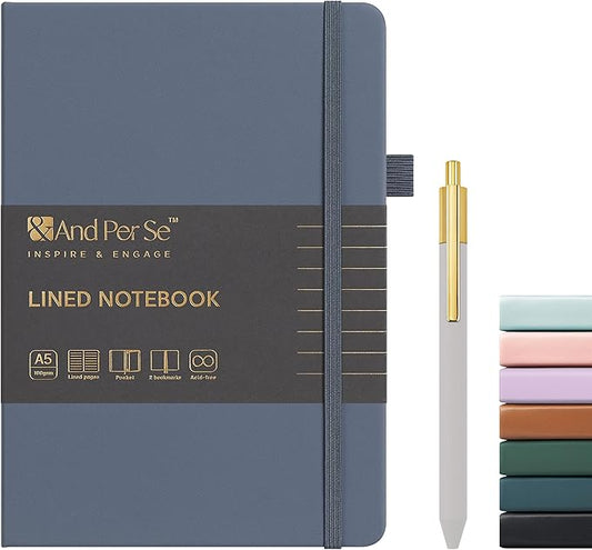 A5 Lined Leather Journal and Pen Set, Hardcover Notebook with Pen, 160 Pages 100gsm Thick Ruled Paper for for Women Men Work Business School or Home Writing, 5.7'' x 8'' (Dark Blue)