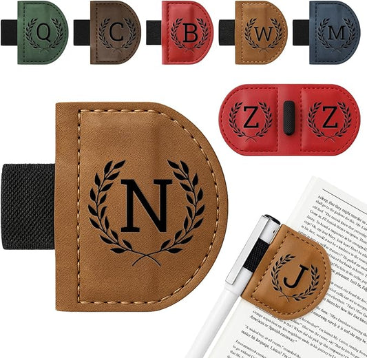 Personalized Bygone Mark Bookmark with Pen Holder,Engraving Leather Magnetic Bookmarks Vintage 26 Letters Name Initials Text Book Marker Clips Gifts for Reading Book Lovers Women (Brown, N)