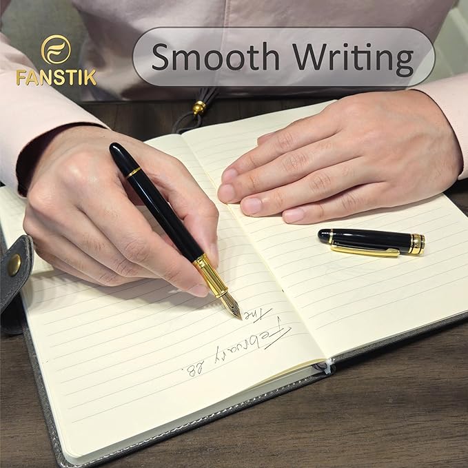 Customized Fountain pen with name (MADE IN USA), stainless steel, black and gold, luxury engraved pen personalized for men and for women. (Fountain Black-Gold)