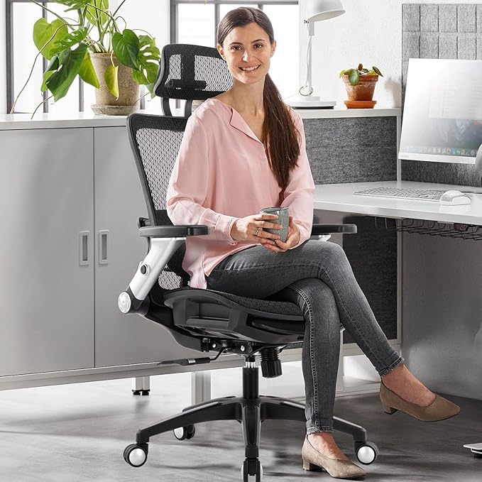 COLAMY Ergonomic Mesh Office Chair with Footrest, High Back Computer Executive Desk Chair with Headrest and 4D Flip-up Armrests, Adjustable Tilt Lock and Lumbar Support-Black