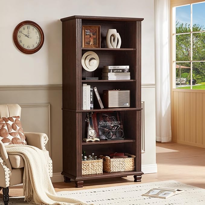 70" Tall Walnut Bookshelf,5 Tier Wooden Book Shelf with Adjustable Shelves & Wood Legs,Free Standing Farmhouse Bookcase with Open Display Storage,Vintage Bookshelves for Classroom, 2PCS