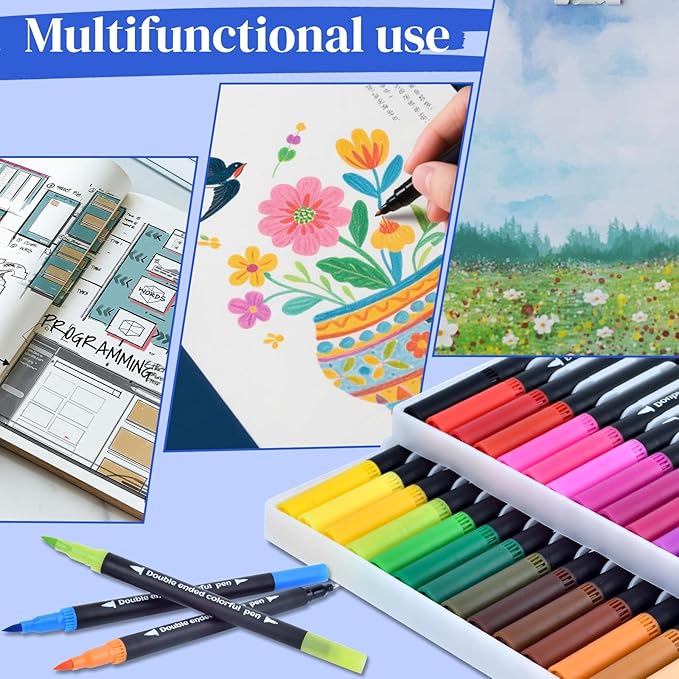 24 Colored Dual Tip Markers Fine & Brush Pens - No Bleeding, Coloring Markers for Adult, Sketching, Drawing, Journaling Art Marker Set
