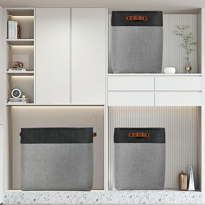 DULLEMELO Grey Storage Baskets for Organizing 3 Pack Fabric Shelf Baskets for Gifts Empty Large Storage Organizer for Closet,Clothes,Toys,Bedroom (Black&Grey)