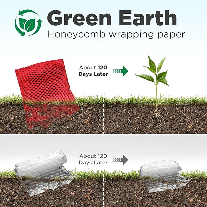 Honeycomb Packing Paper, 12"x200' Red | Perforated Honeycomb Packing Paper Recyclable Moving Supplies for Shipping & Moving | Plastic-Free Alternative to Bubble Cushion Wrap with 36 Fragile Stickers
