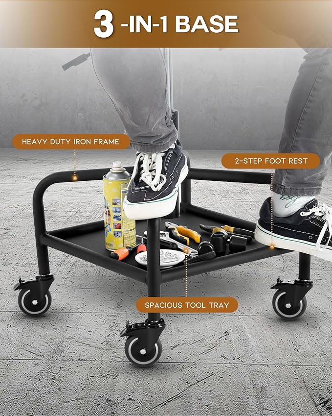 Shop Stool with Lockable Rubber Wheels Adjustable Backrest Tool Tray Storage 400 lb Capacity Rolling Garage Stool (Black)