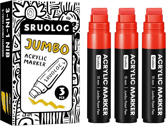 3 Jumbo Permanent Markers Red, 15mm Thick Wide Tip, Large Acrylic Paint Markers for Rock Painting, Poster, Graffiti, Stone, Ceramic, Glass, Wood, Canvas
