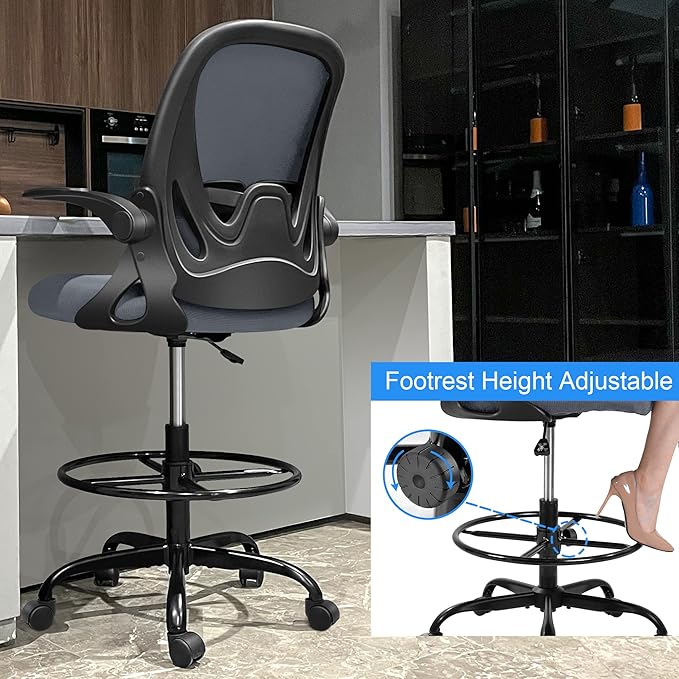 Primy Drafting Chair Tall Office Chair with Flip-up Armrests Executive Ergonomic Computer Standing Desk Chair with Lumbar Support and Adjustable Footrest Ring（Dark Gray）