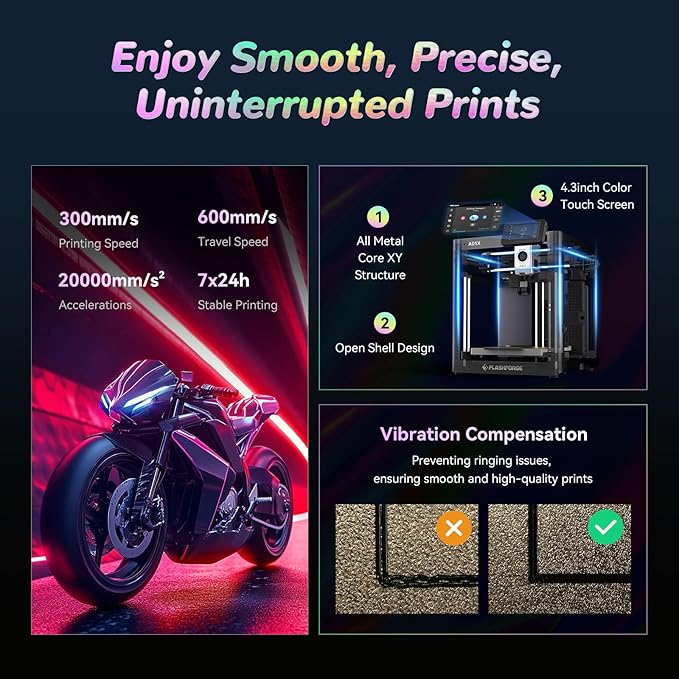 FLASHFORGE AD5X Multi-Color 3D Printer with IFS, 600mm/s High Speed, 300°C High Temp Direct Extruder, Fully Auto Leveling, All Metal CoreXY,4-Color Printing for PLA-CF,PETG-CF, 220x220x220mm