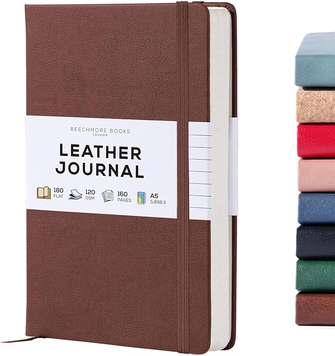BEECHMORE BOOKS Lined Journal Notebook, 5.8 x 8.3 inch, A5 160 Lined Pages, Hardcover Leather Journals for Women, Men, Writing and Notebooks for Work - 120 GSM Thick Paper, Gifts Box Included (Chestnut Brown)