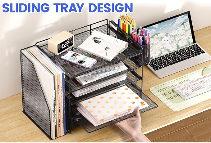 Desk Organizers and Accessories, 5-Tier Paper File Organizer with Drawer & Pen Holder, Office Desk Accessories Workspace Desktop Organizer for Office Supplies(Black)
