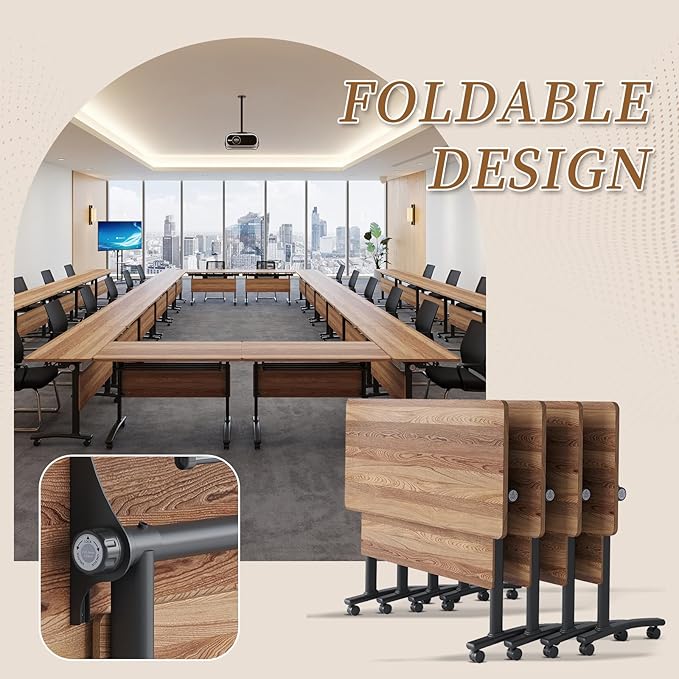Folding Conference Room Table, Modern Conference Tables with Silent Wheels, Large Rectangular Mobile Training Tables for Office Classroom, Foldable Modular Boardroom Seminar Table (8pack L63in)
