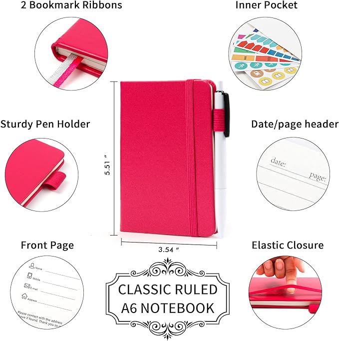 feela 6 Pack Pocket Small Notebooks Bulk, Mini Cute Memo Notepads Hardcover College Ruled Lined Journals with Pen Holder for Women Girls Office School, with 6 Black Pens, 3.5”x 5.5”, A6, Berry