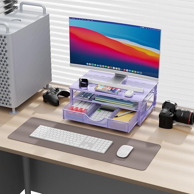 gianotter Computer Monitor Stand Riser, office organizer with Drawer, Office Organizers Storage for Classroom Office Supplies (Purple)