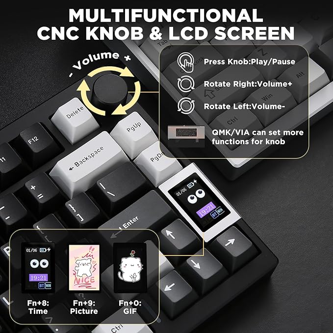 YUNZII AL80 Wireless Mechanical Keyboard,Full Aluminum CNC, Smart LCD Display,Hot Swappable Gasket Mount 75% Layout with Knob,BT/2.4G/USB-C,QMK/VIA Support for Win/Mac (Black, Cocoa Cream V2 Switch)