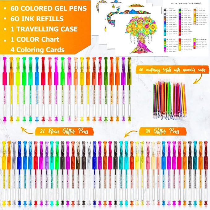 Soucolor Teen Girl Gifts Trendy Stuff, Glitter Gel Pens for Adult Coloring Books, 120 Pack-60 Glitter Pens, 60 Refills and Travel Case, 40% More Ink Markers Set for Preppy School Stuff Journaling