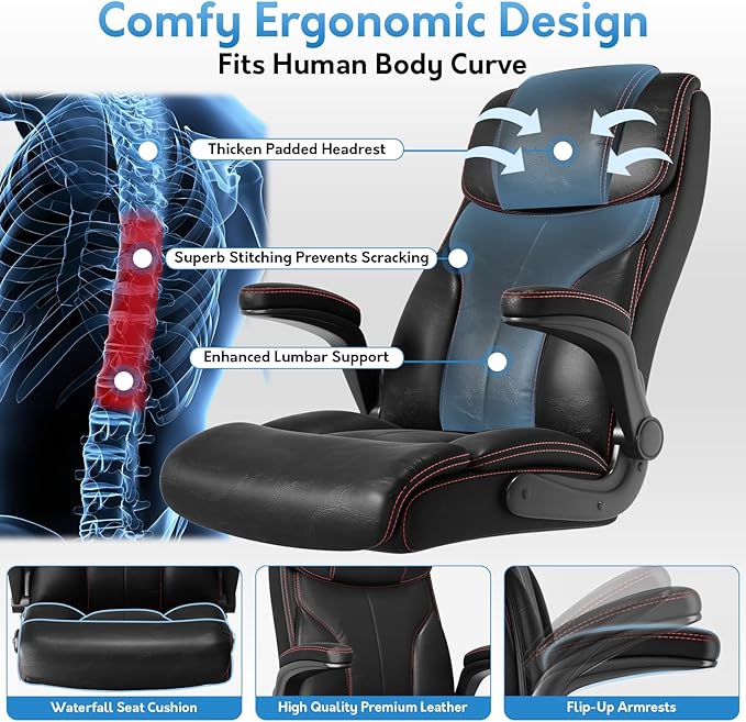 Office Chair Big and Tall 400lbs, High Back Executive Office Chair Flip Up Arms, Breathable Leather Home Office Computer Desk Chair with Lumbar Support Rocking Function, Black