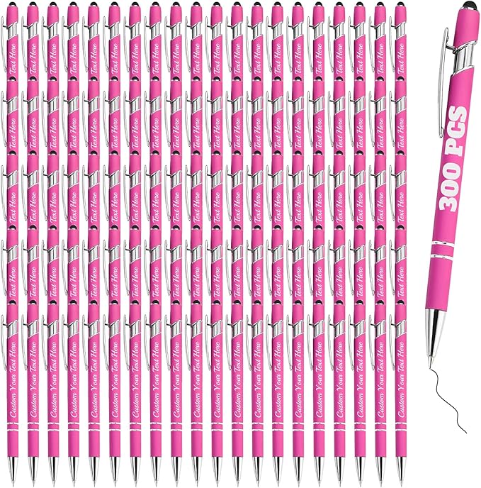 Personalized Pens Bulk 300 with Name Custom Engraving Ballpoint Pens with Stylus Tip Customized Smooth Writing Pens Personalized Gifts for Anniversary Birthday or Graduation(Pink,Black Ink)