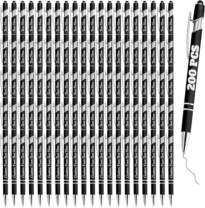 Personalized Pens Bulk 200 with Name Custom Engraving Ballpoint Pens with Stylus Tip Customized Smooth Writing Pens Personalized Gifts for Anniversary Birthday or Graduation(Black,Black Ink)