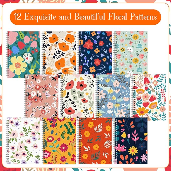 Fuutreo 12 Pcs Spiral Notebook for Work A5 8.3 x 5.7 Inch College Ruled Spiral Journal Notebook Kraft Cover Ruled Paper, 12 Color, 60 Sheets, 120 Pages for Office School(Floral Color)