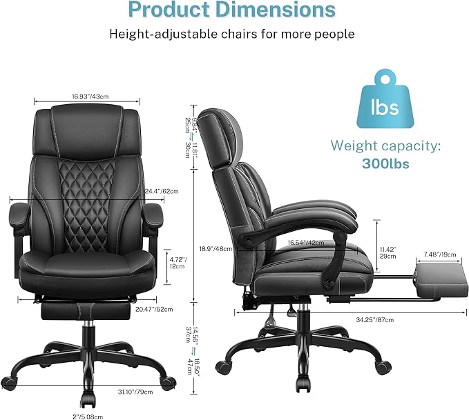 Executive Leather Office Chair, Big and Tall Office Chair with Footrest Home Office Desk Chairs, Ergonomic Computer Desk Chair with Lumbar Support, Reclining Desk Chair with Adjustable Angle